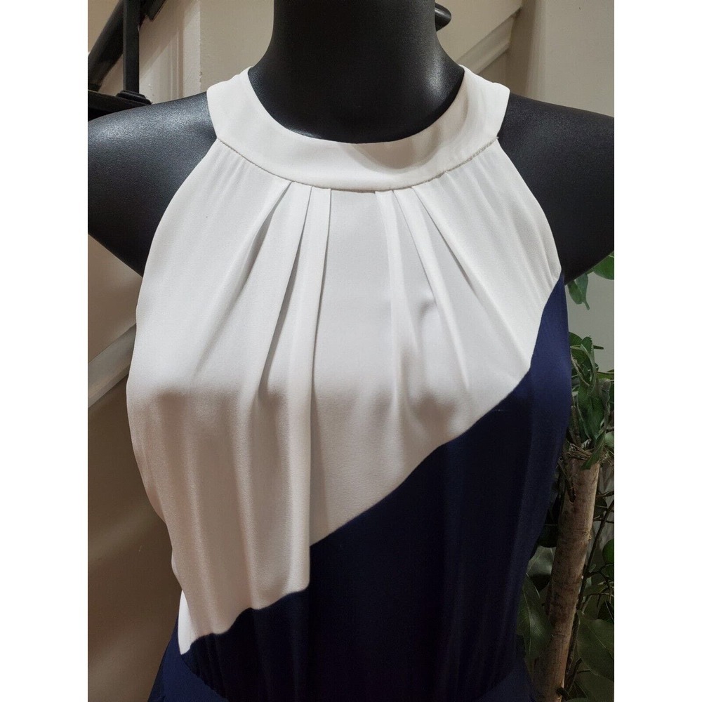 Shoshanna Blue & White Polyester Halter Sleeveless Long Maxi Dress Pockets 4 - Picture 2 of 15